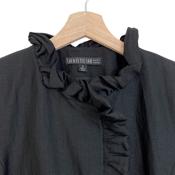LAFAYETTE 148 Ruffled Silk Blend Jacket Black Sash Belted Snaps Lined - Picture 3 of 9